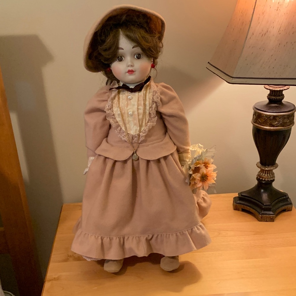 Vintage-Style Pink Porcelain Doll in Pink Dress
